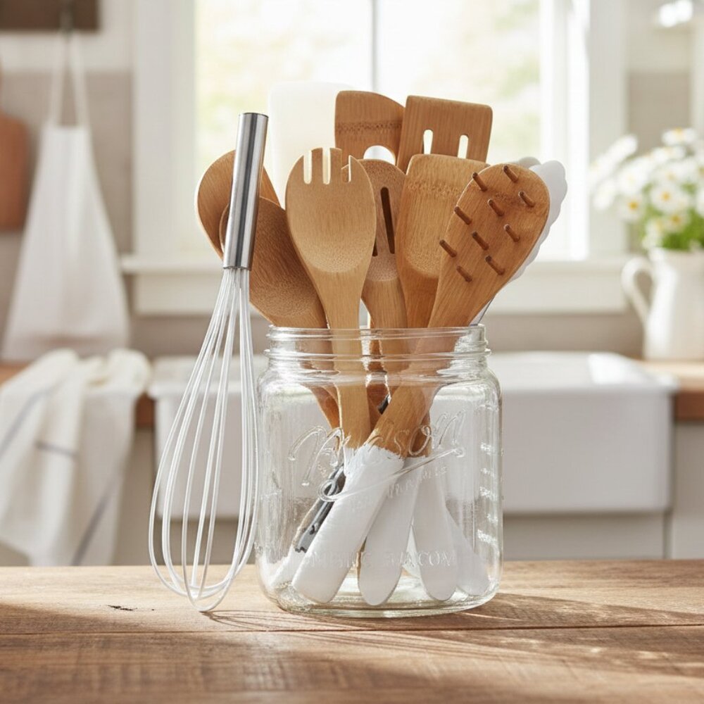 Mason Jar  Utensil Holder with  12-Piece Tools Set